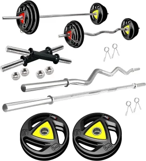 20 kg Professional Metal Integrated Rubber Plates with One 3 Ft Curl   One 5 Ft Plain and 1 Dumbbell & Rod