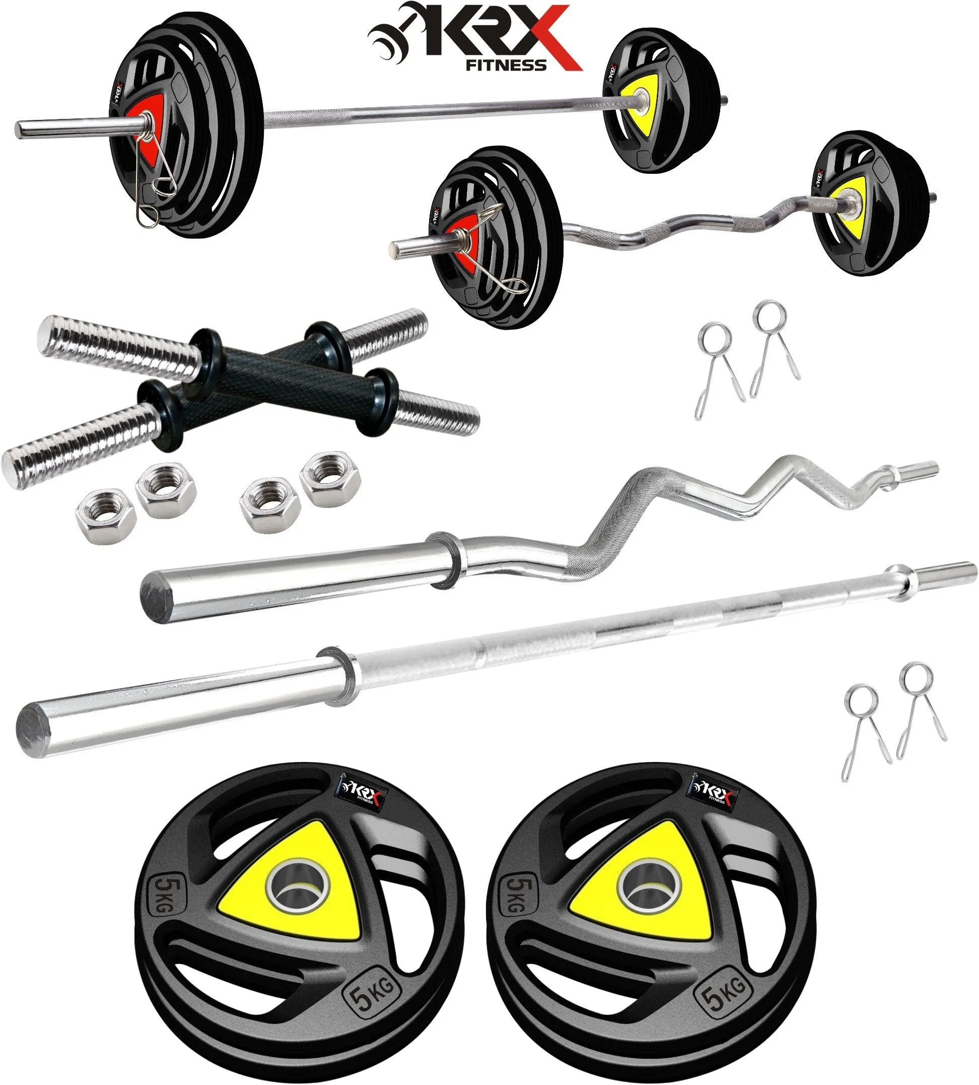 20 kg Professional Metal Integrated Rubber Plates with One 3 Ft Curl   One 5 Ft Plain and 1 Dumbbell & Rod