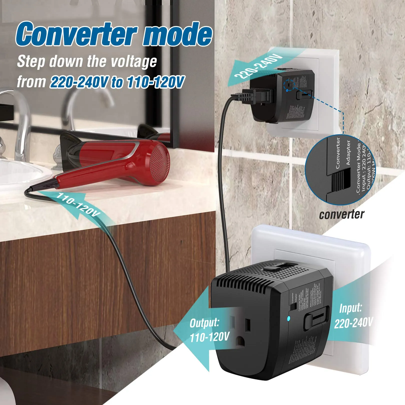 2000Watts Travel Adapter and Converter Combo Step Down Voltage 220V to 110V for Hair Dryer Laptop MacBook Cell Phone Travel Adapter Converter for US to UK Europe AU Over 150 Countries (Black)