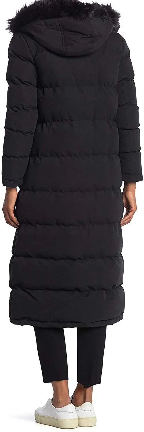 Andrew Marc Women's Full Length Coat Down, Alternative Puffer Jacket with Removable Faux Fur Trim Hood