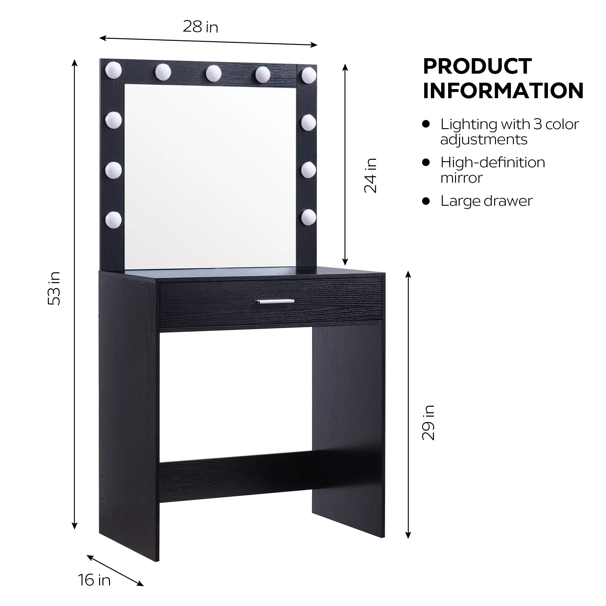 Auro Vanity Desk with Mirror & Light - Black