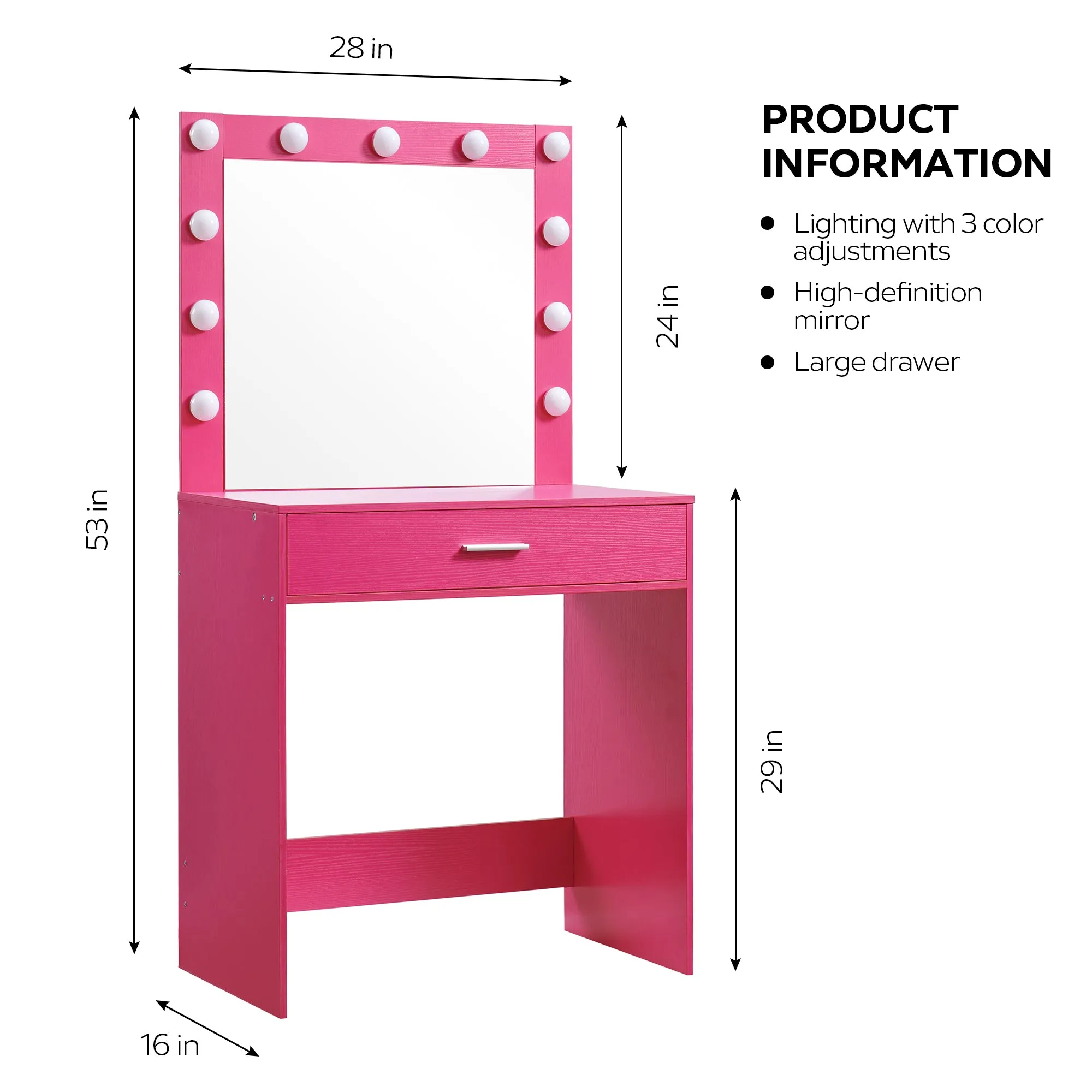 Auro Vanity Desk with Mirror & Light - Pink