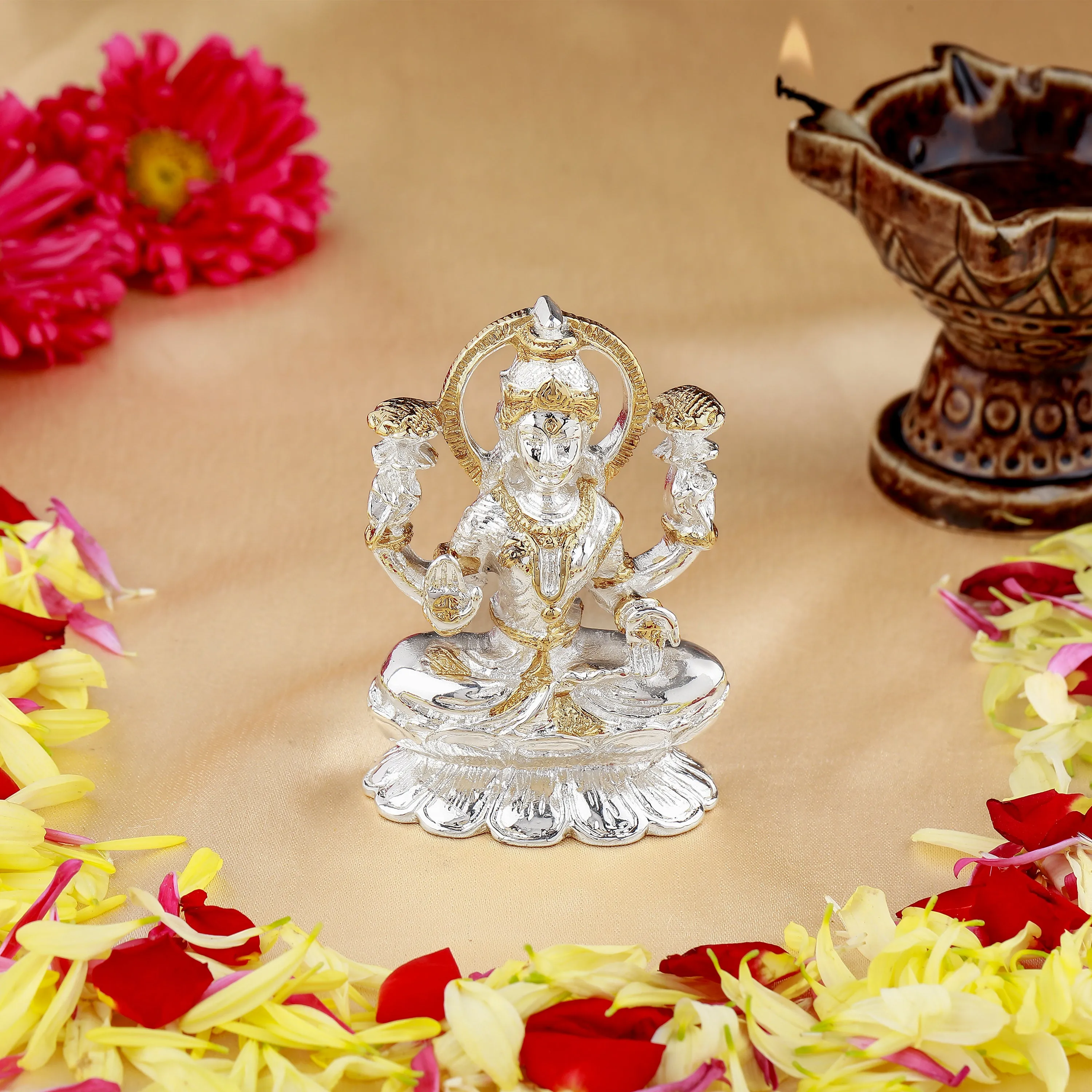 Estele Gold & Rhodium goddess of wealth Laxmi Devi Idol on lotus for Pooja/Car decor.