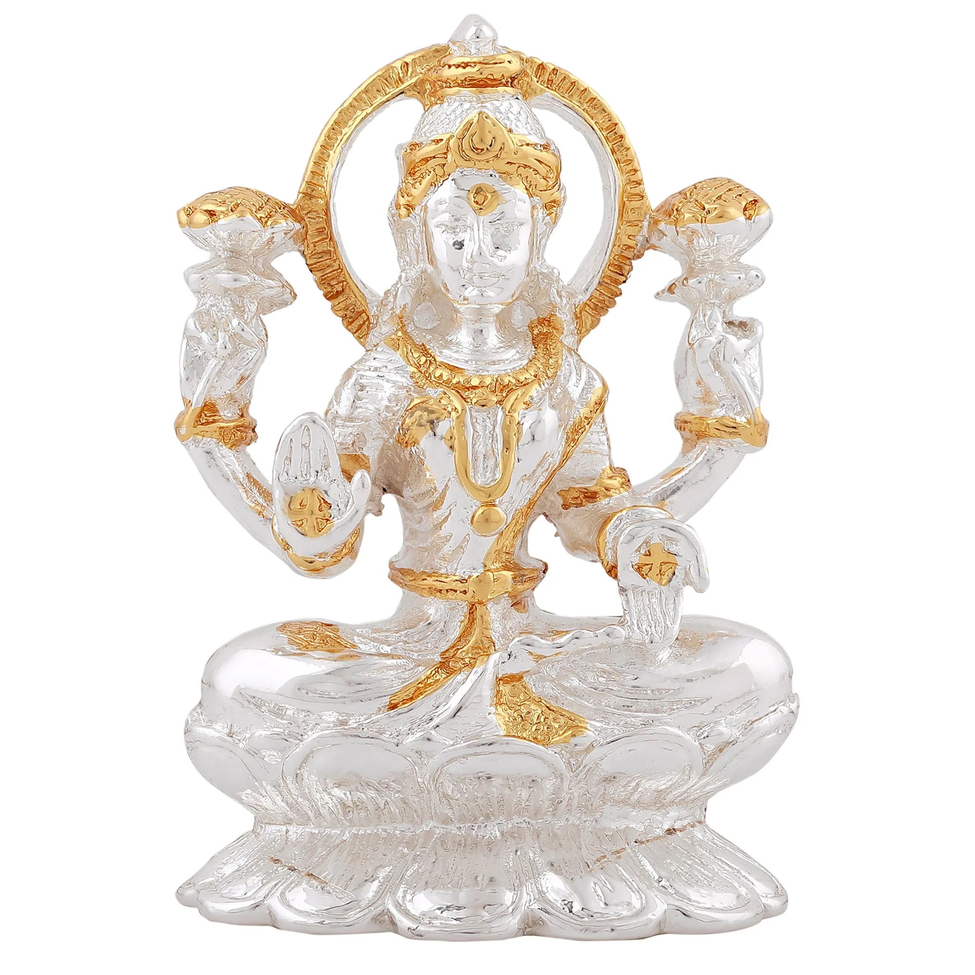 Estele Gold & Rhodium goddess of wealth Laxmi Devi Idol on lotus for Pooja/Car decor.