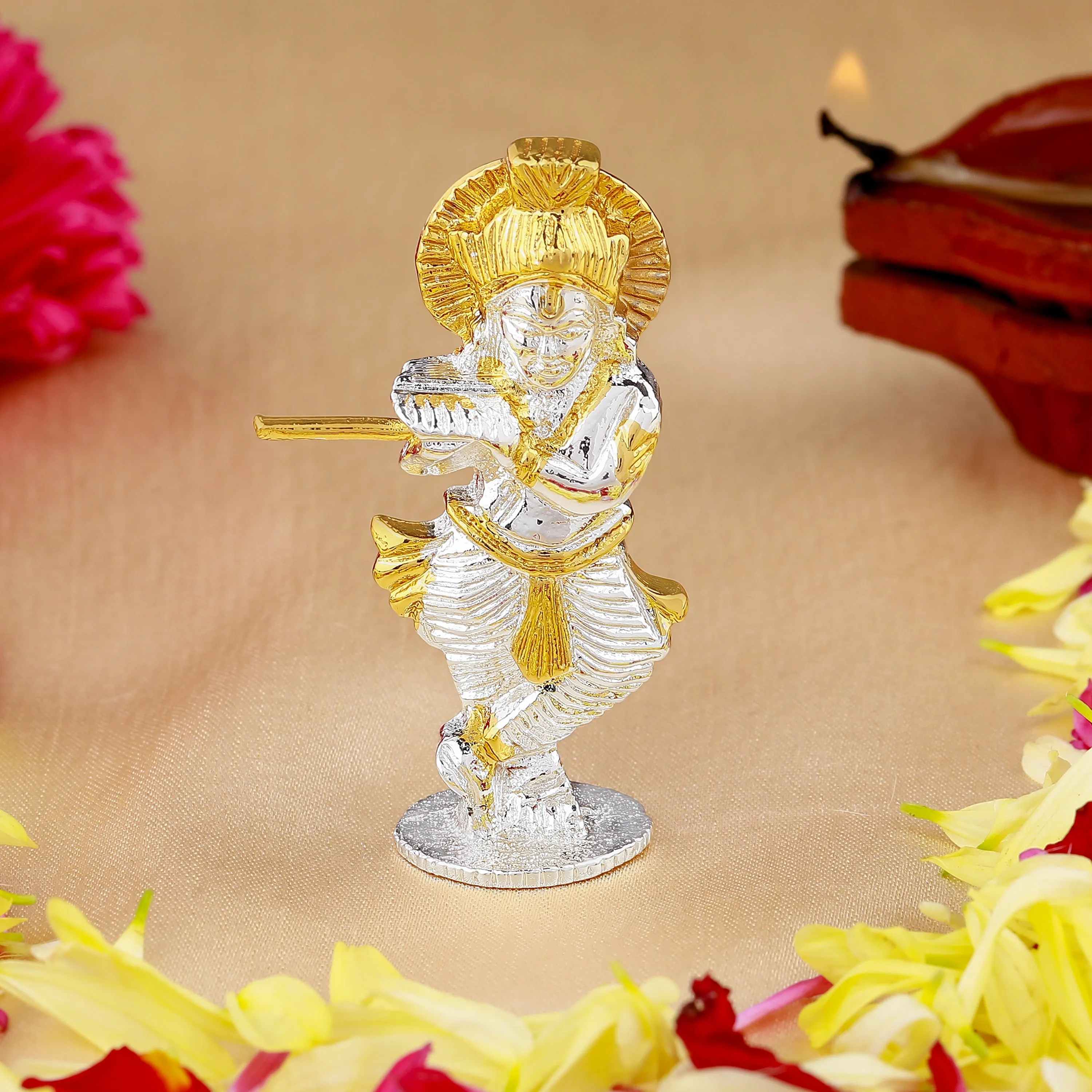 Estele Gold & Rhodium Plated Divine Lord Krishna Idol for Home/Car Decor.