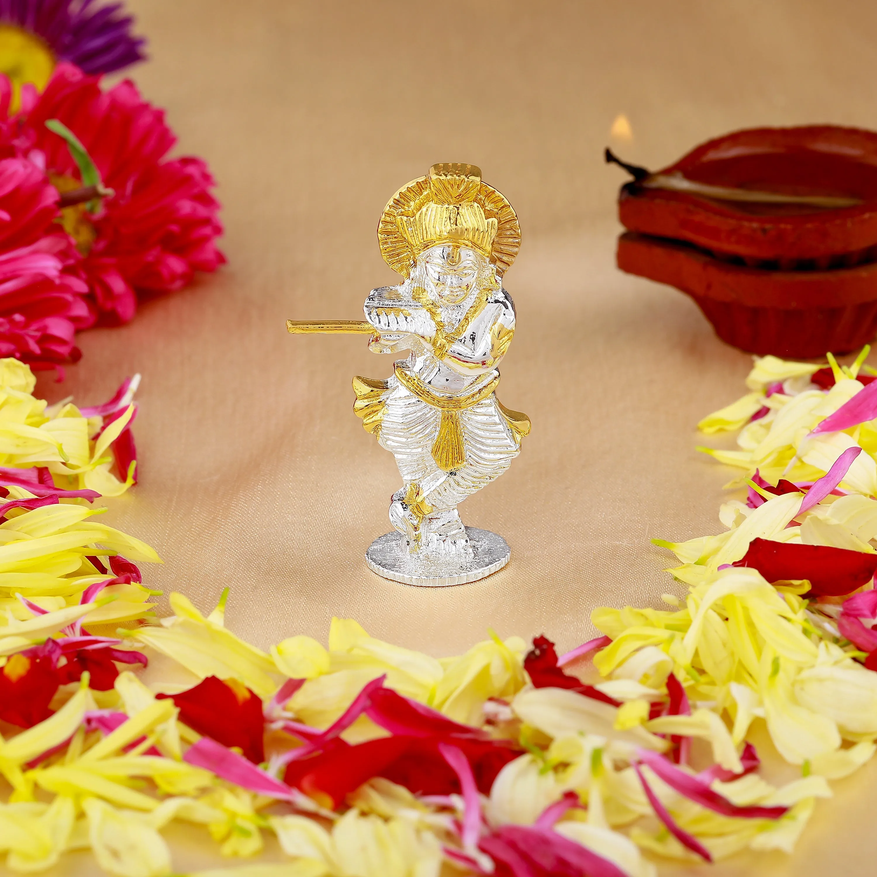 Estele Gold & Rhodium Plated Divine Lord Krishna Idol for Home/Car Decor.