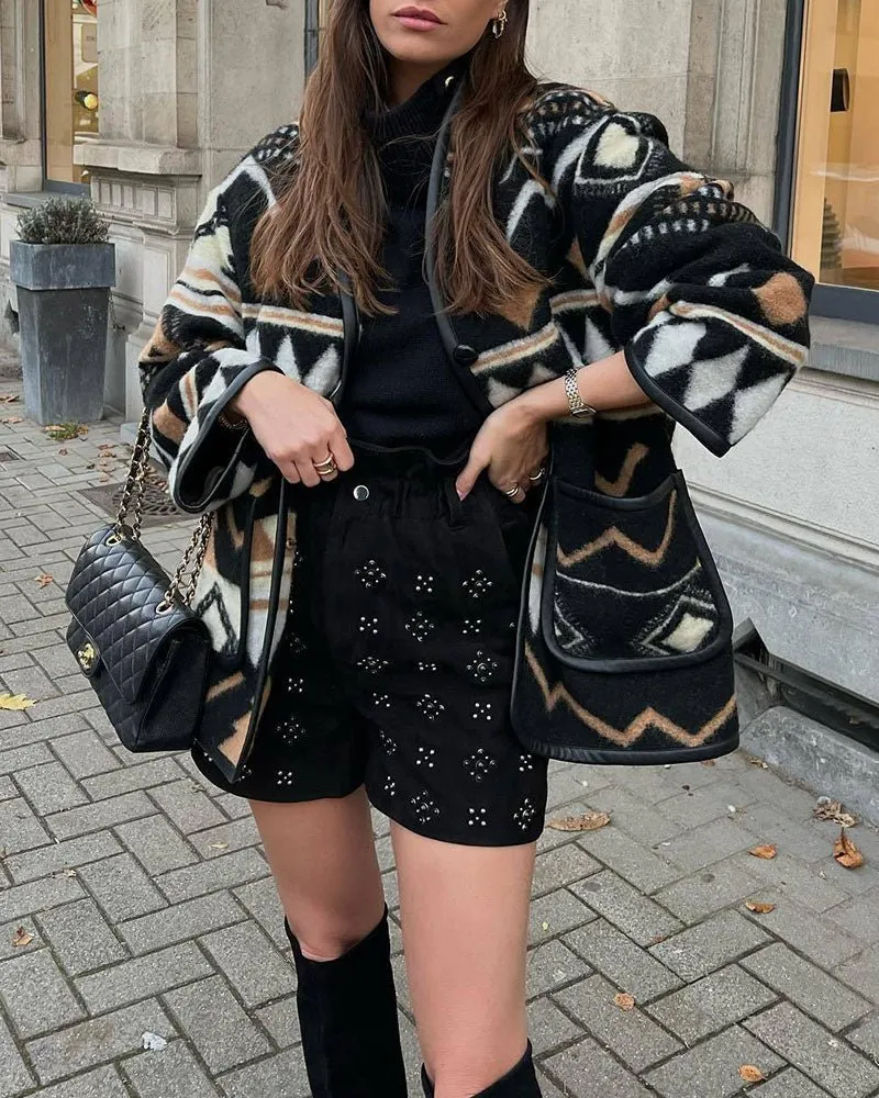 Geometric Patterned Wool Coat – Bold and Cozy Outerwear