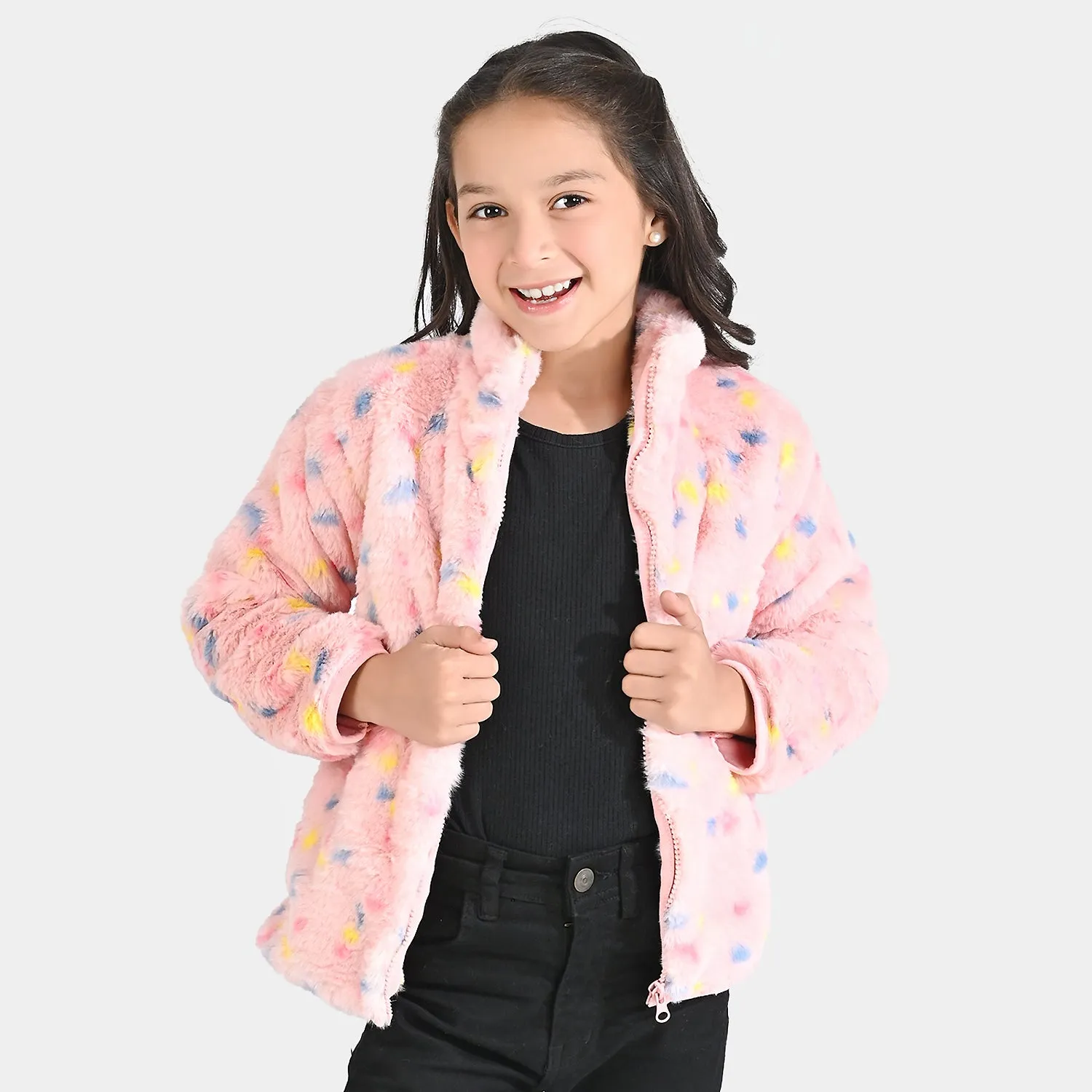 Girls Sherpa Jacket Multi Dot-Pink