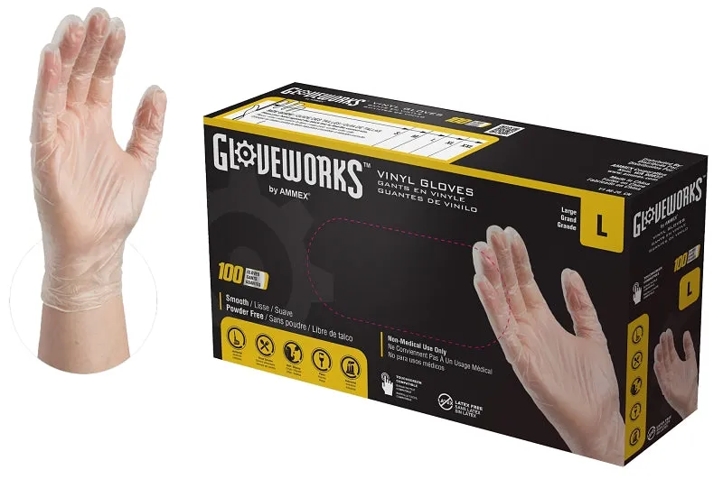 Gloveworks IVPF46100 Disposable Gloves, L, Vinyl, Powder-Free, Clear, 11.73 in L :BX100: QUANTITY: 1