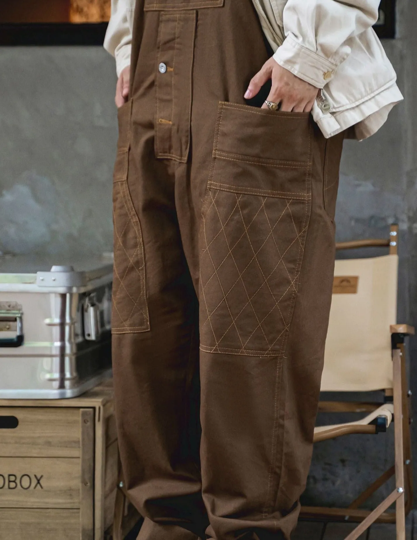 GullsL-Men's retro workwear multi-pocket jumpsuit loose wide leg suspenders work pants