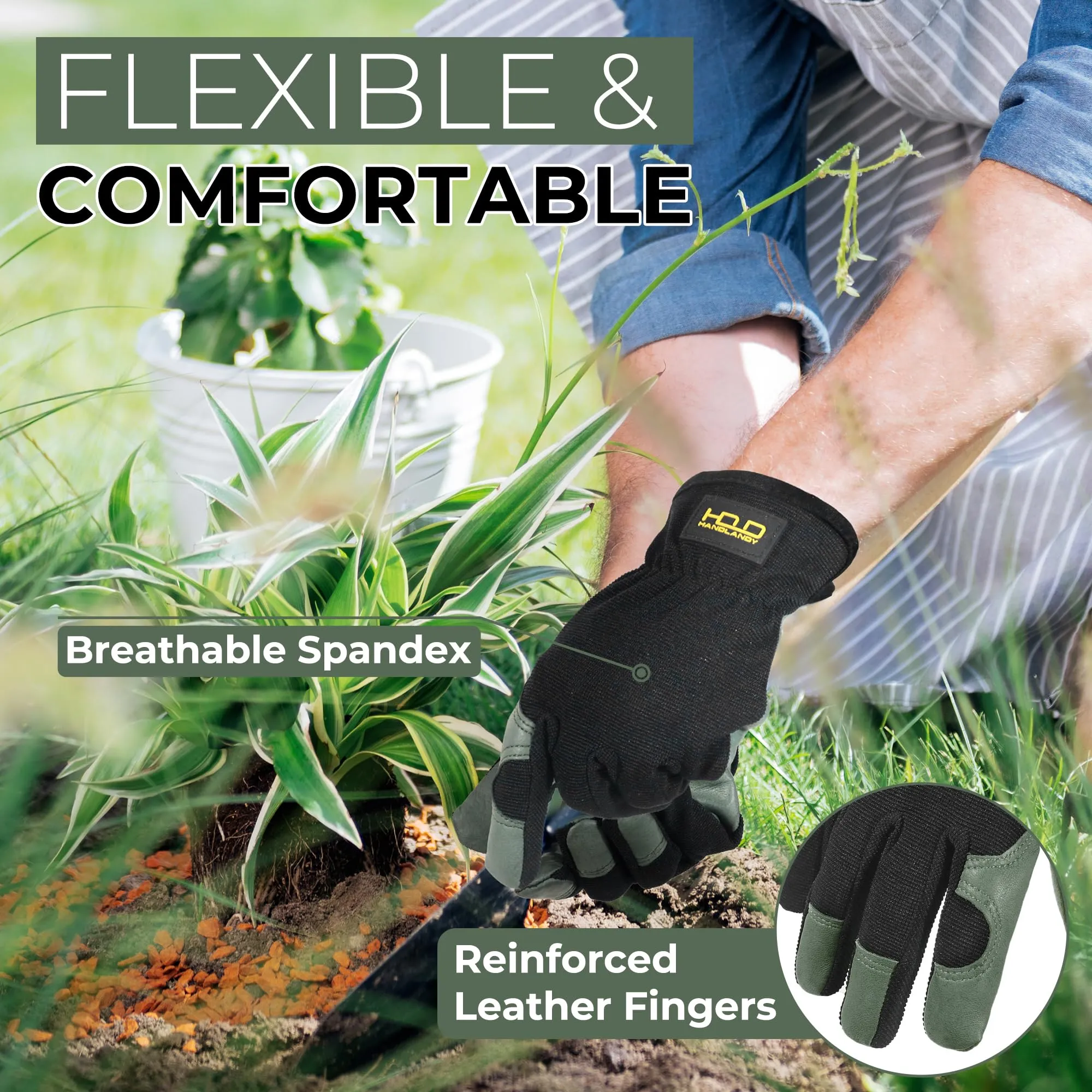 HANDLANDY Men Cowhide Leather Gardening Gloves, Utility Work Gloves12116/12119