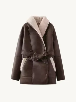 Laila Belted Faux Leather Shearling Coat