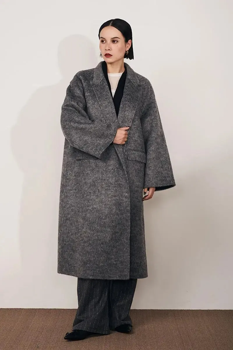 Long Wool Silk Blend Wrap Coat with Notched Lapel