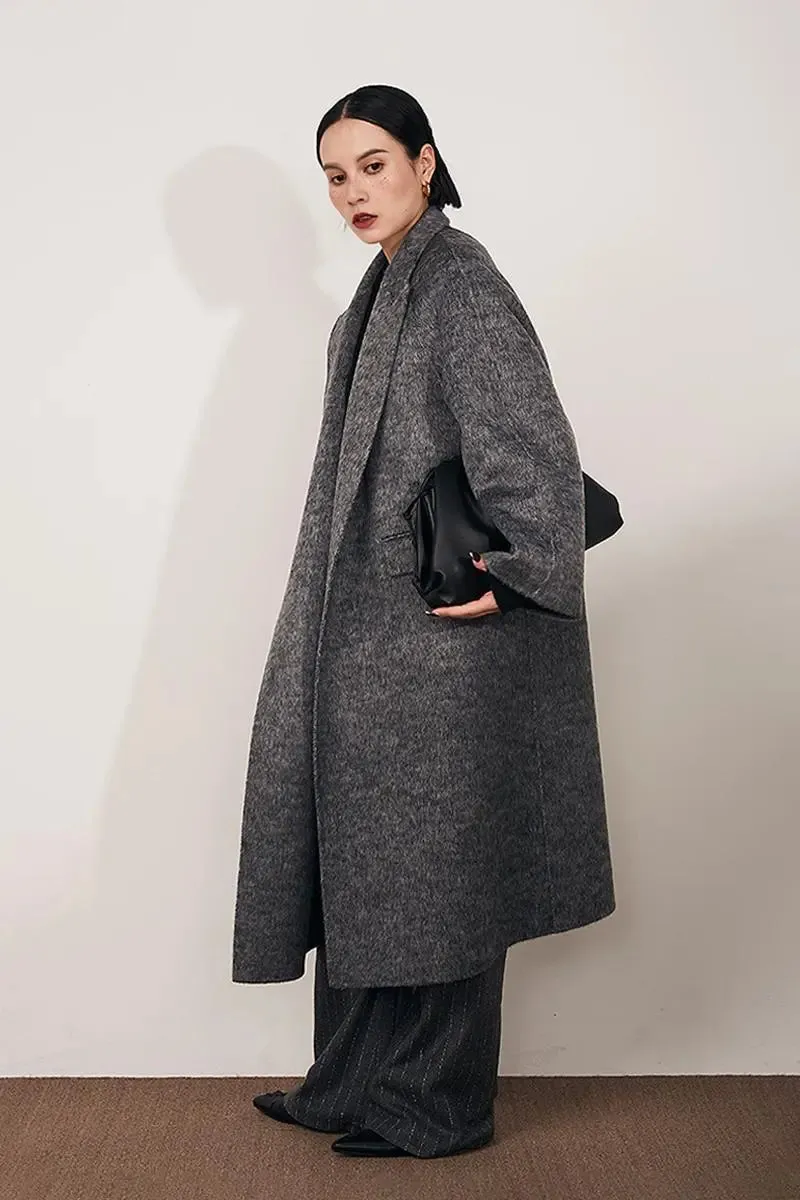 Long Wool Silk Blend Wrap Coat with Notched Lapel