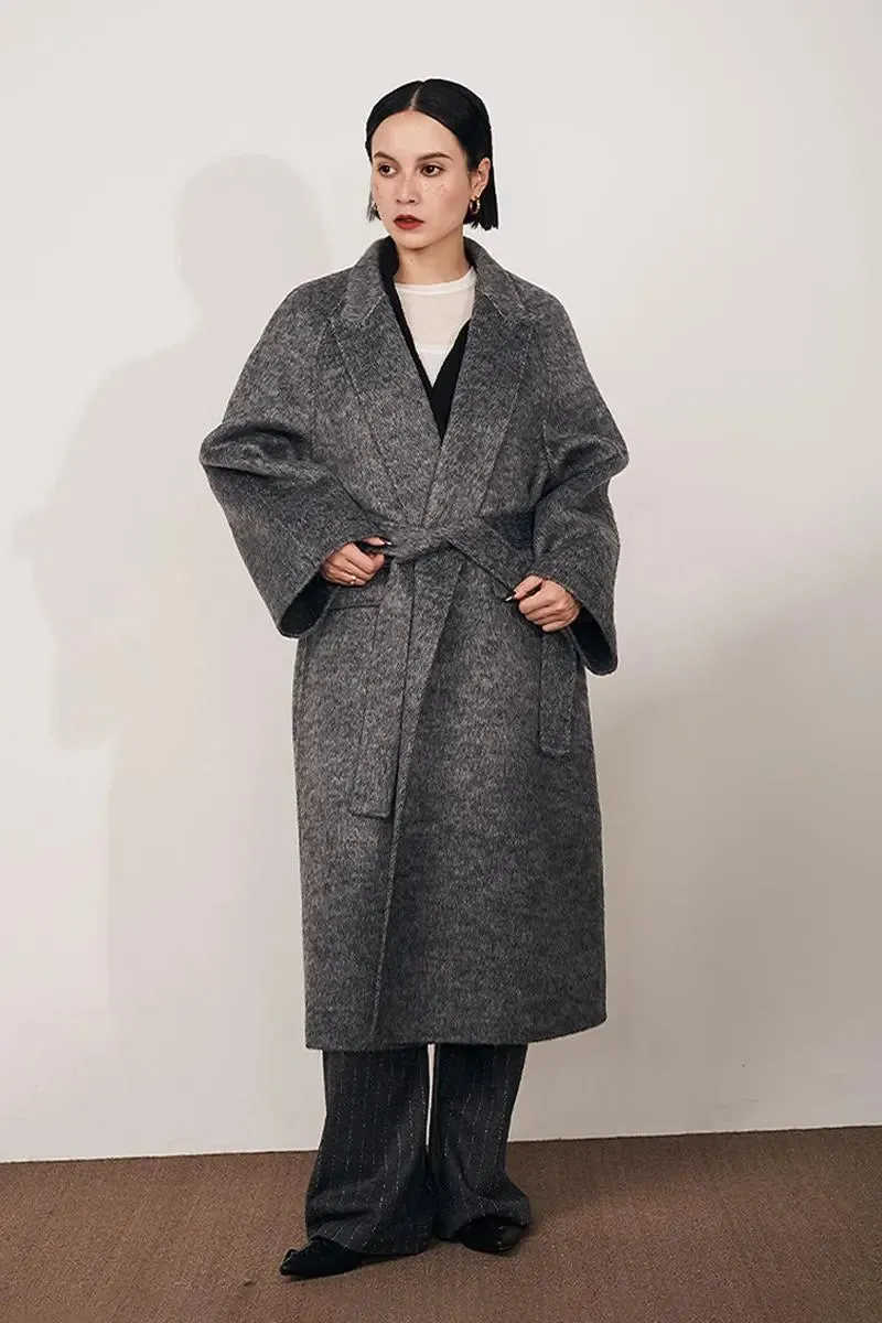 Long Wool Silk Blend Wrap Coat with Notched Lapel