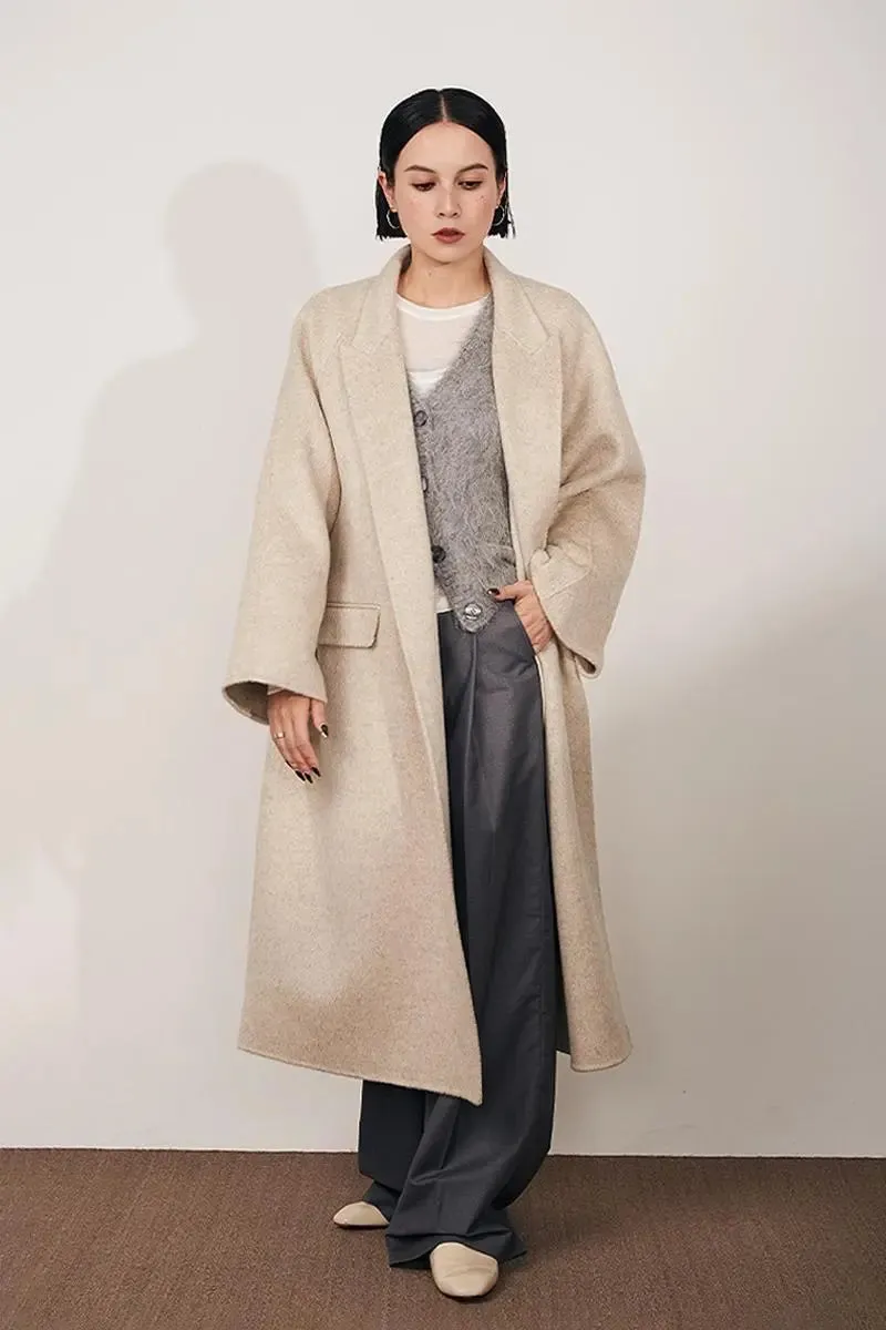 Long Wool Silk Blend Wrap Coat with Notched Lapel