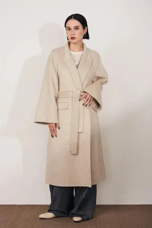 Long Wool Silk Blend Wrap Coat with Notched Lapel