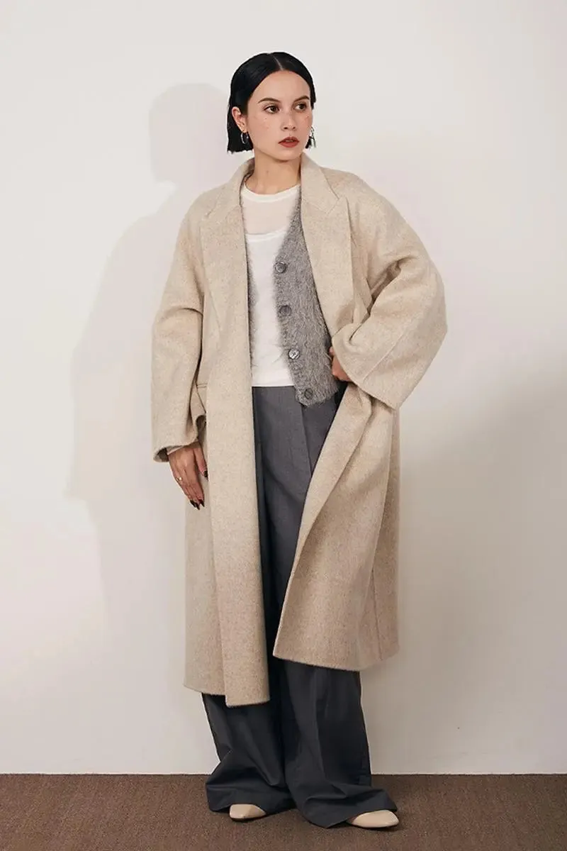 Long Wool Silk Blend Wrap Coat with Notched Lapel