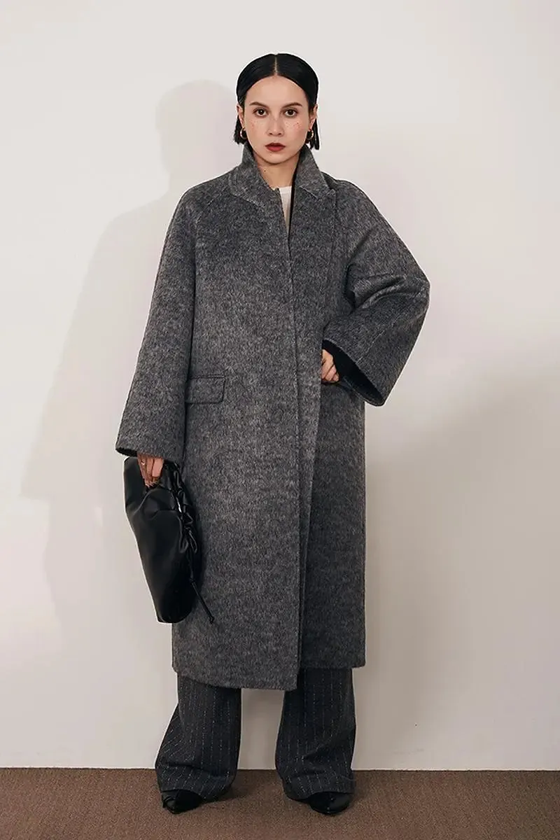 Long Wool Silk Blend Wrap Coat with Notched Lapel