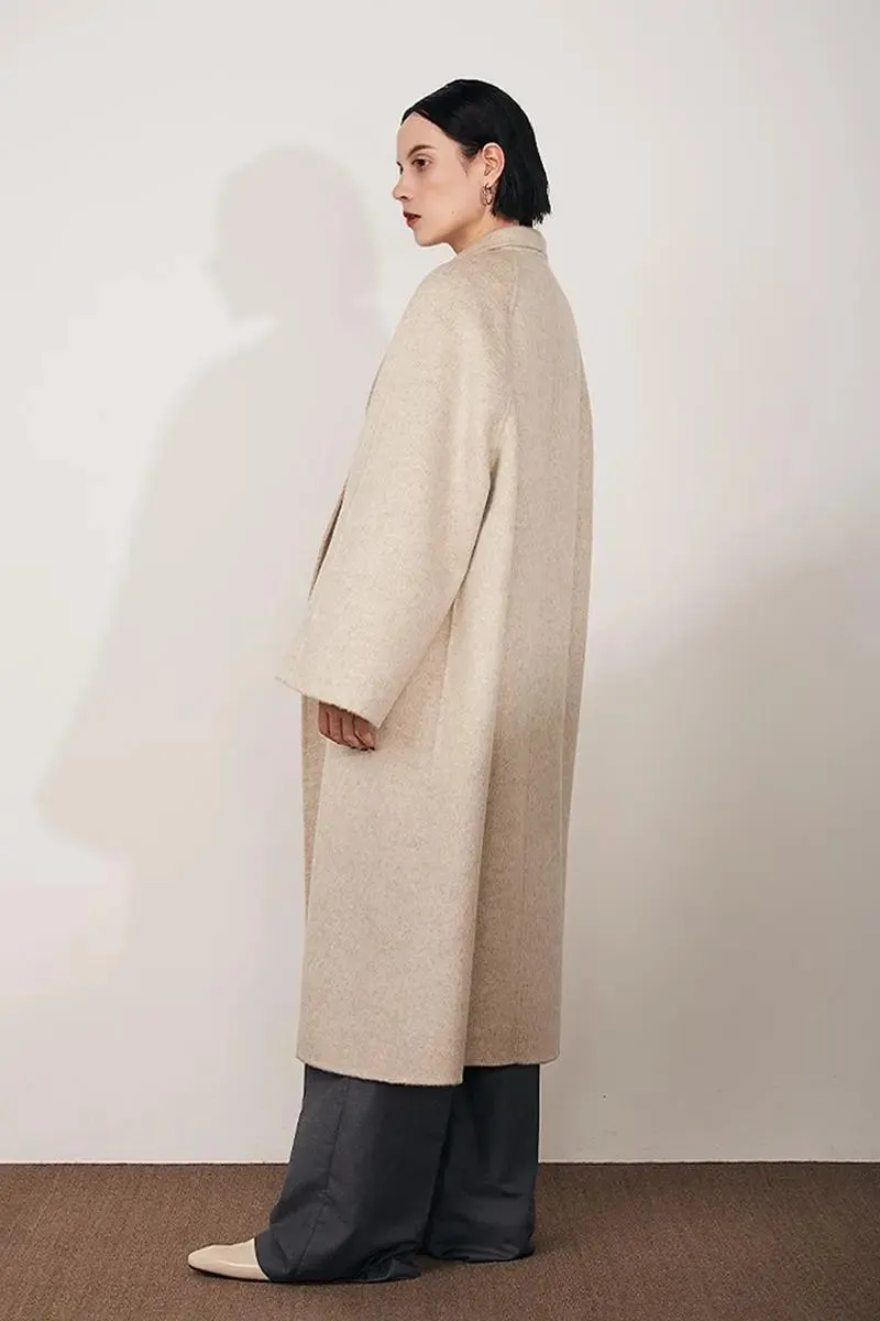 Long Wool Silk Blend Wrap Coat with Notched Lapel