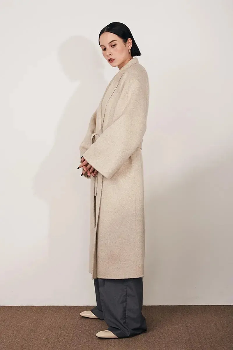 Long Wool Silk Blend Wrap Coat with Notched Lapel