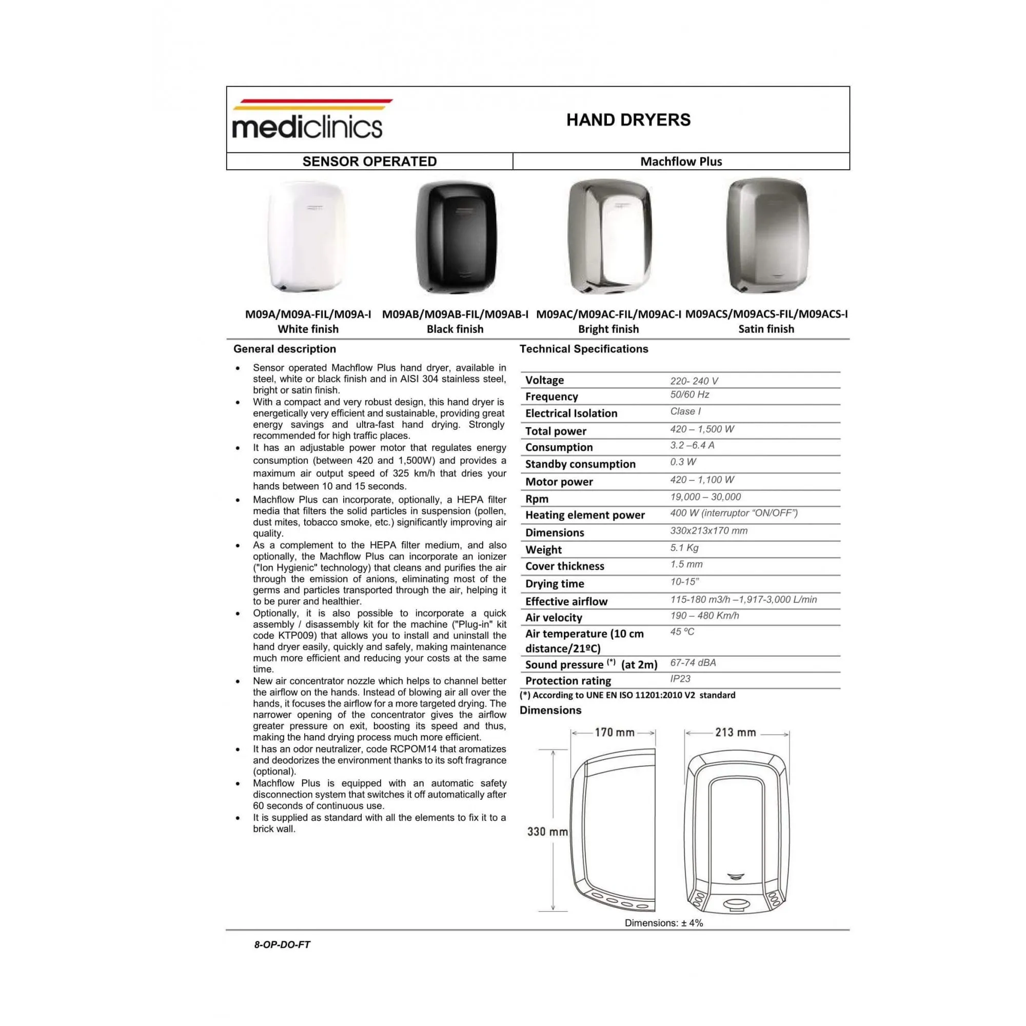 Mediclinics Machflow Plus HEPA & Ioniser Hand Dryer - Brushed Satin M09ACS-I