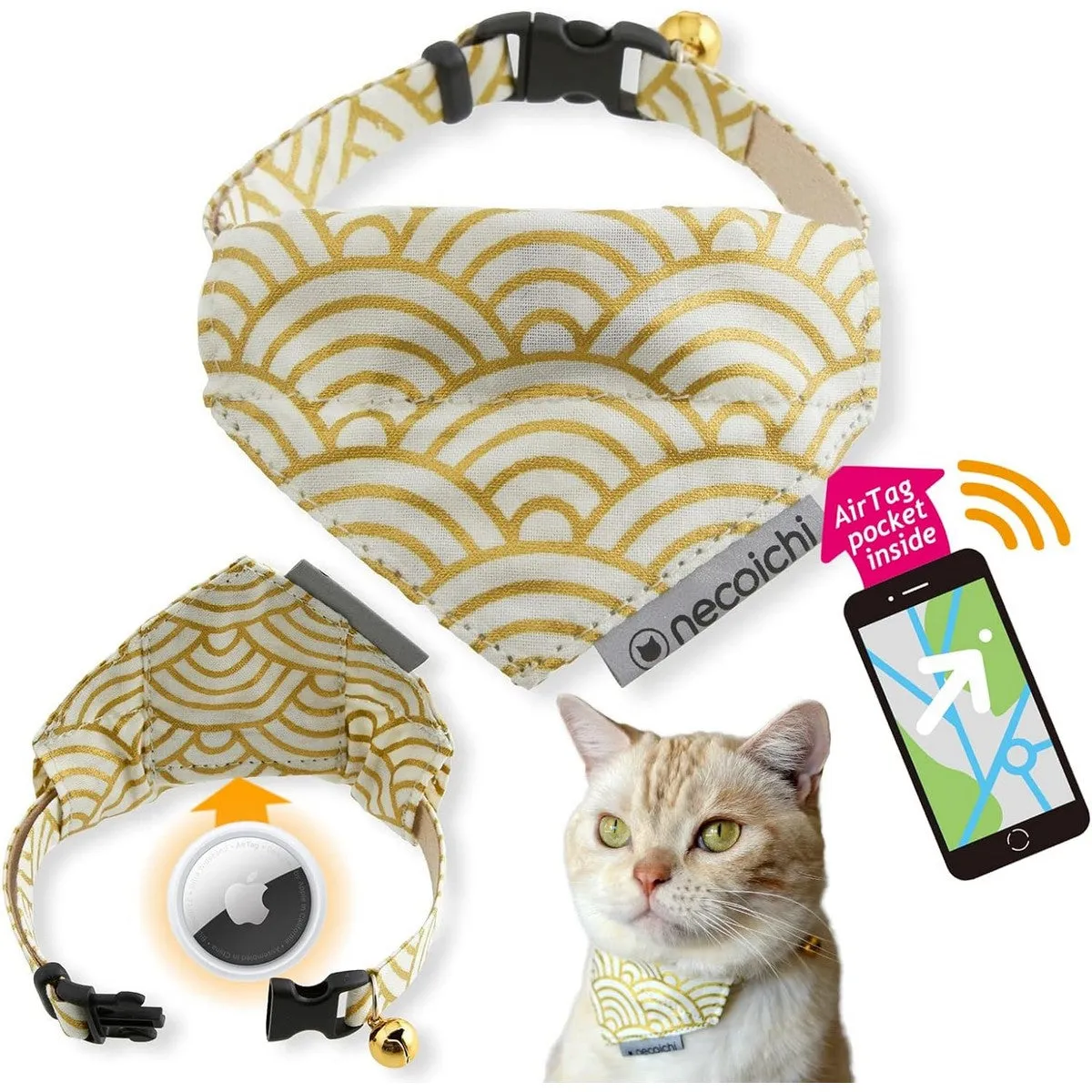 Necoichi Bandana Cat Collar with Air Tag Pocket Gilded Wave White