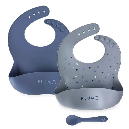 PLUM 3 Piece Silicone Bib and Spoon Set - Ass