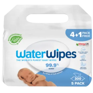 Water Wipes Biodegradable 99.9% Water Baby Wipes, 60 Pack x 5 (300 Wipes)