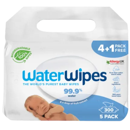 Water Wipes Biodegradable 99.9% Water Baby Wipes, 60 Pack x 5 (300 Wipes)