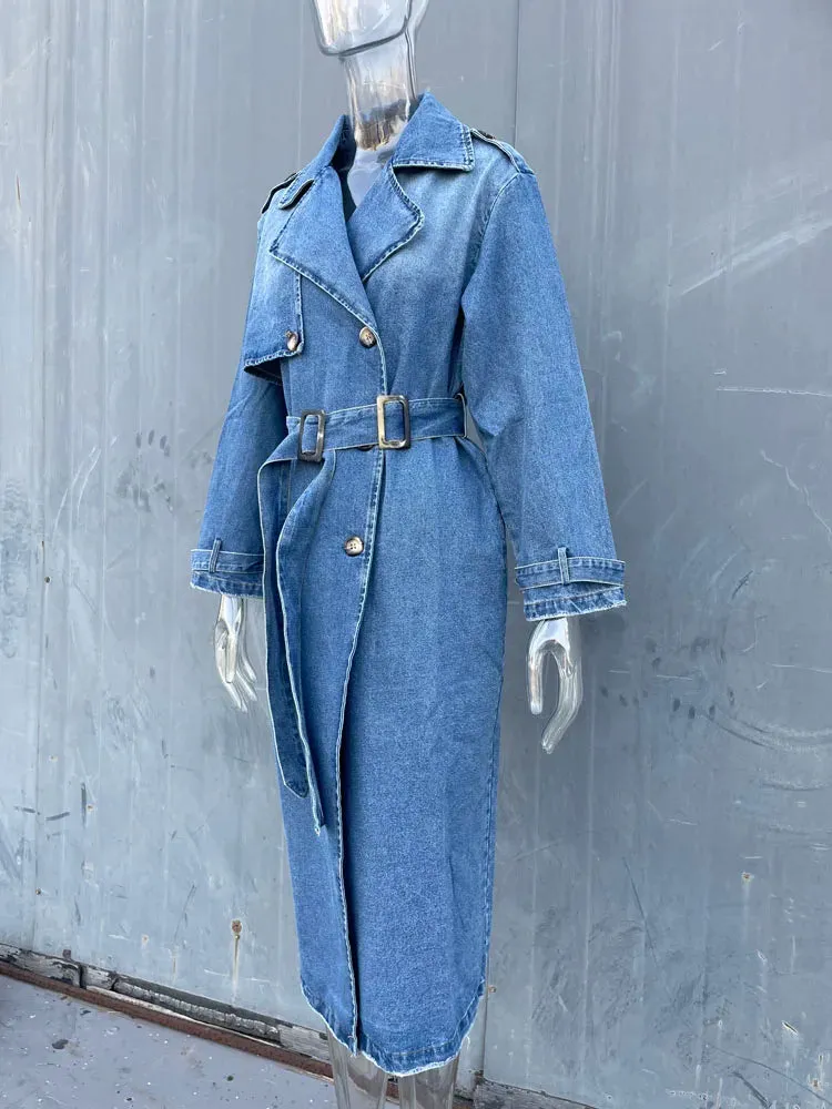 Women's Denim Trench Coat with Belt On Waist | Ideal for Autumn/Winter