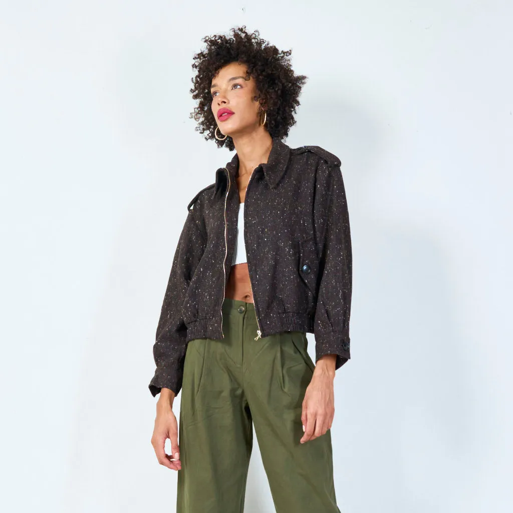 Wool blend cropped jacket with zip closure wholesale